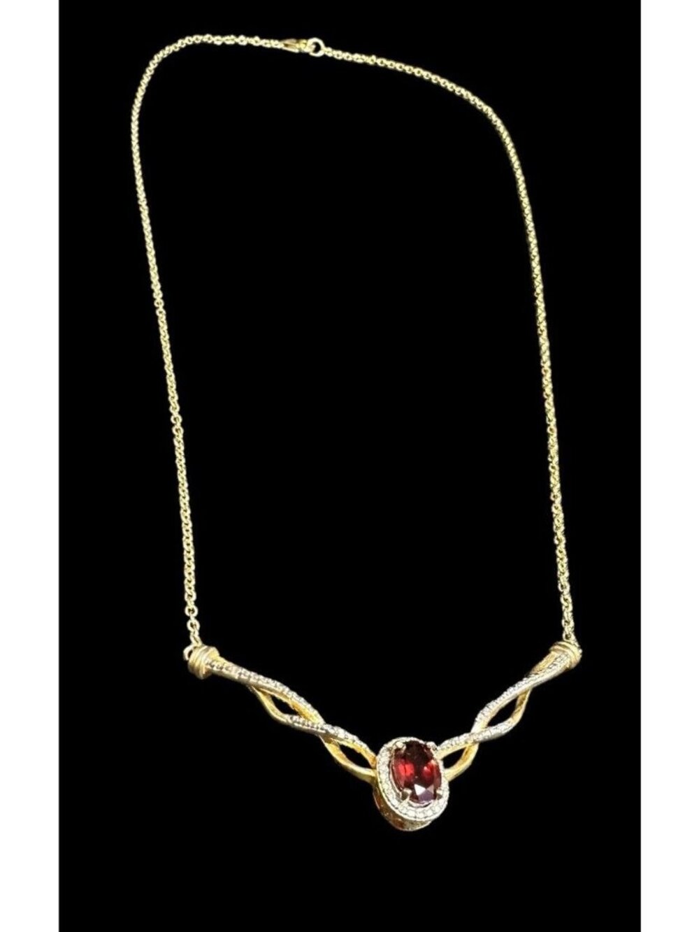 Signed DBJ 925 Oval Cut Garnet Clear CZ Twisted Pendant Oval Chain Necklace